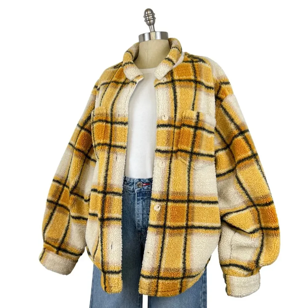 Sincerely Jules For Bandier Aspen Sherpa Jacket in Amber Plaid Shacket (Sz L) - Picture 1 of 11